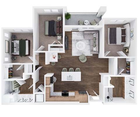 A top-down view of a modern apartment layout with a kitchen, living room, and bedrooms.